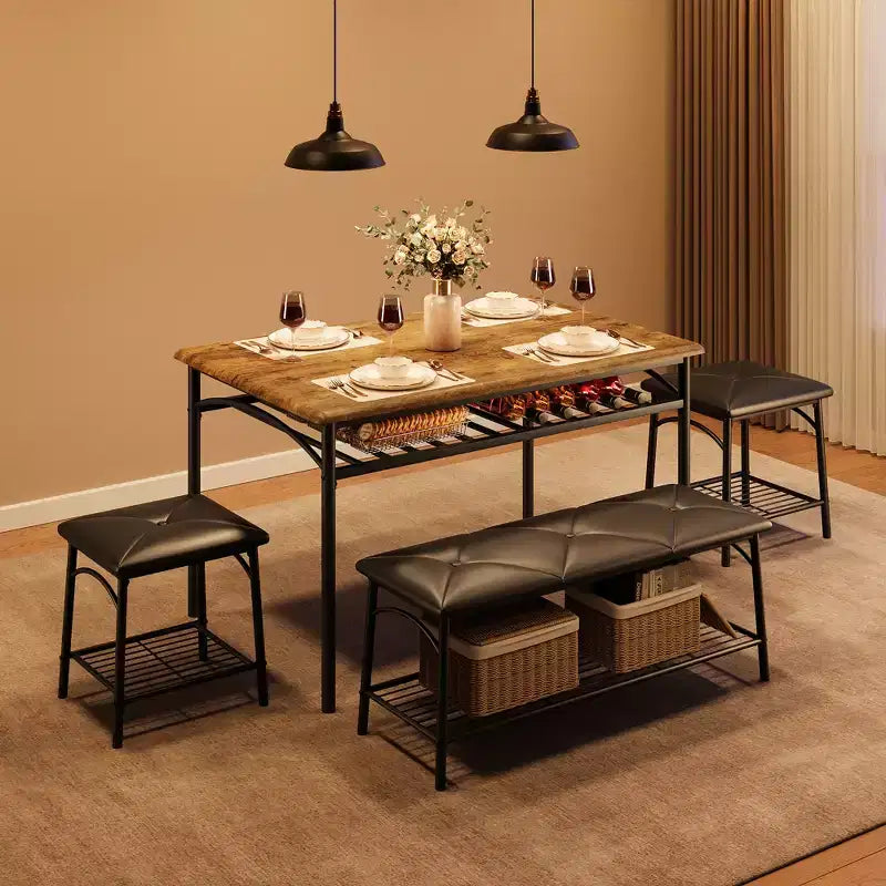 Ensemble Table et Chaises de Salle à Manger CuisinSmart pour 4, avec Banc Rembourré et 2 Tabourets Carrés, avec Étagères de Rangement, Ensemble de Meubles de Salle à Manger pour Petits Espaces