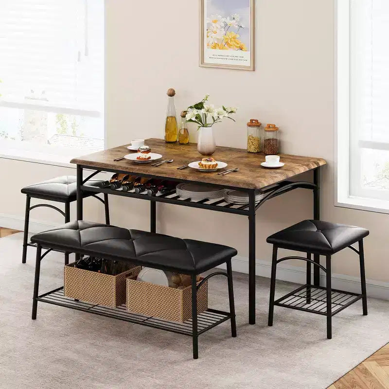 Ensemble Table et Chaises de Salle à Manger CuisinSmart pour 4, avec Banc Rembourré et 2 Tabourets Carrés, avec Étagères de Rangement, Ensemble de Meubles de Salle à Manger pour Petits Espaces