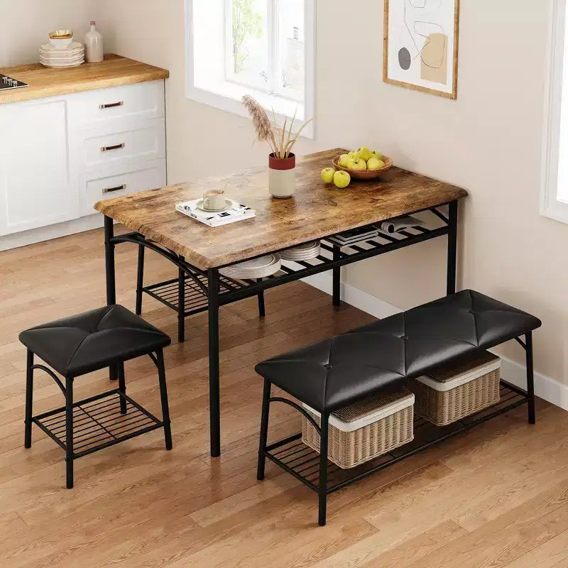 Ensemble Table et Chaises de Salle à Manger CuisinSmart pour 4, avec Banc Rembourré et 2 Tabourets Carrés, avec Étagères de Rangement, Ensemble de Meubles de Salle à Manger pour Petits Espaces