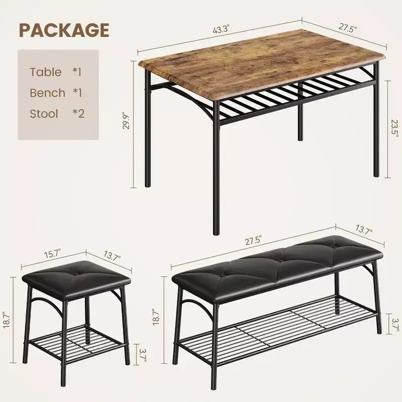 Ensemble Table et Chaises de Salle à Manger CuisinSmart pour 4, avec Banc Rembourré et 2 Tabourets Carrés, avec Étagères de Rangement, Ensemble de Meubles de Salle à Manger pour Petits Espaces