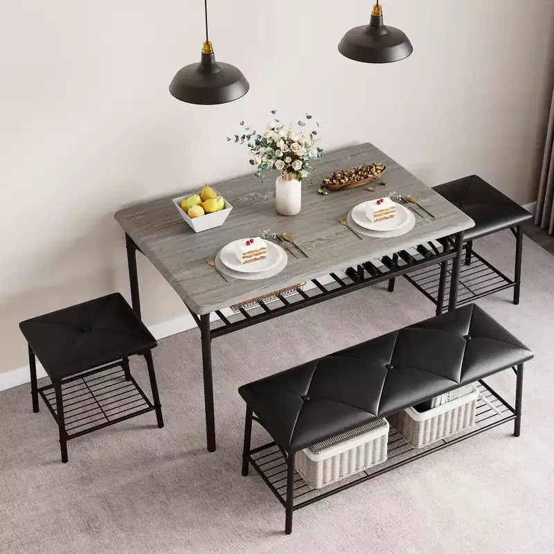 Ensemble Table et Chaises de Salle à Manger CuisinSmart pour 4, avec Banc Rembourré et 2 Tabourets Carrés, avec Étagères de Rangement, Ensemble de Meubles de Salle à Manger pour Petits Espaces