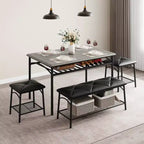 Ensemble Table et Chaises de Salle à Manger CuisinSmart pour 4, avec Banc Rembourré et 2 Tabourets Carrés, avec Étagères de Rangement, Ensemble de Meubles de Salle à Manger pour Petits Espaces