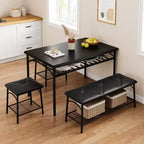 Ensemble Table et Chaises de Salle à Manger CuisinSmart pour 4, avec Banc Rembourré et 2 Tabourets Carrés, avec Étagères de Rangement, Ensemble de Meubles de Salle à Manger pour Petits Espaces