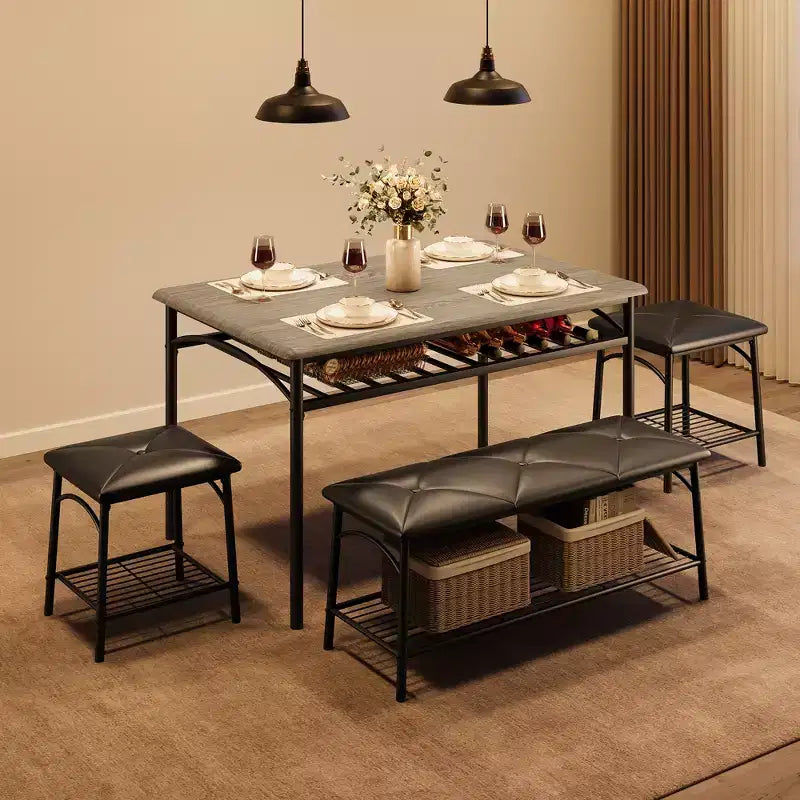 Ensemble Table et Chaises de Salle à Manger CuisinSmart pour 4, avec Banc Rembourré et 2 Tabourets Carrés, avec Étagères de Rangement, Ensemble de Meubles de Salle à Manger pour Petits Espaces