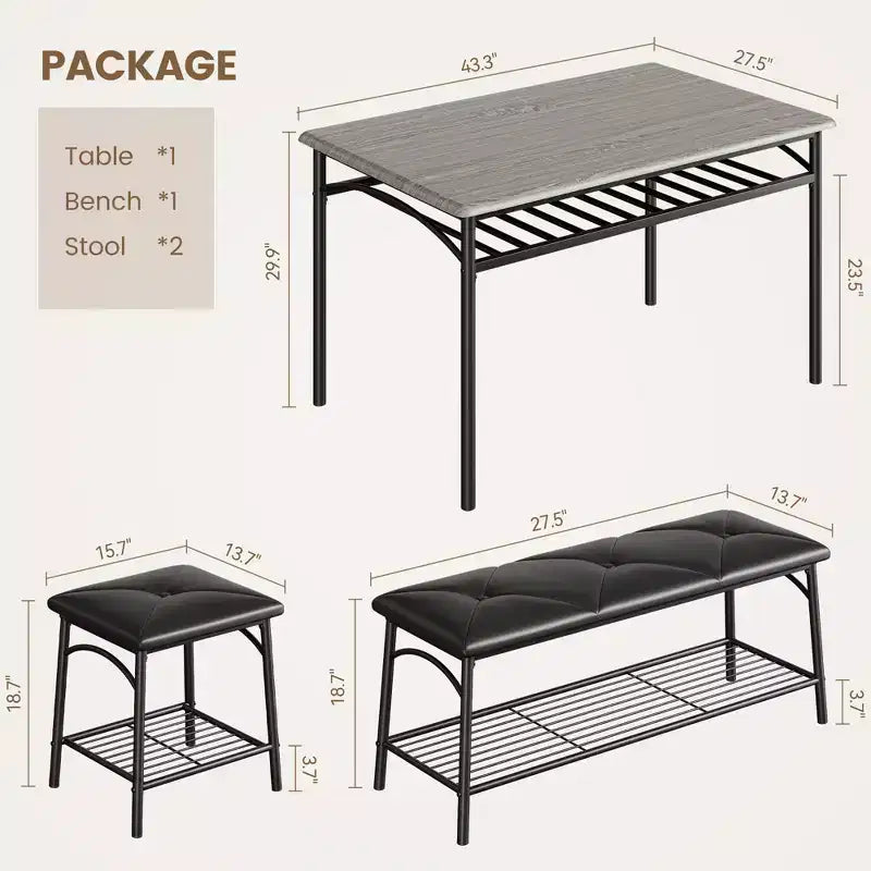 Ensemble Table et Chaises de Salle à Manger CuisinSmart pour 4, avec Banc Rembourré et 2 Tabourets Carrés, avec Étagères de Rangement, Ensemble de Meubles de Salle à Manger pour Petits Espaces