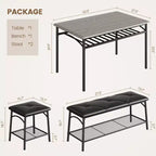 Ensemble Table et Chaises de Salle à Manger CuisinSmart pour 4, avec Banc Rembourré et 2 Tabourets Carrés, avec Étagères de Rangement, Ensemble de Meubles de Salle à Manger pour Petits Espaces