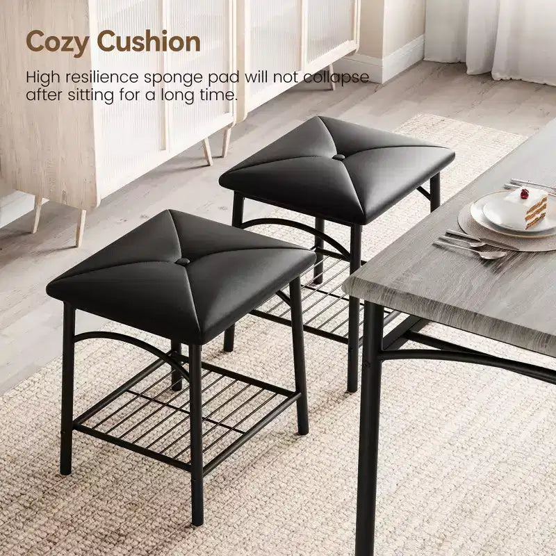 Ensemble Table et Chaises de Salle à Manger CuisinSmart pour 4, avec Banc Rembourré et 2 Tabourets Carrés, avec Étagères de Rangement, Ensemble de Meubles de Salle à Manger pour Petits Espaces