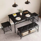 Ensemble Table et Chaises de Salle à Manger CuisinSmart pour 4, avec Banc Rembourré et 2 Tabourets Carrés, avec Étagères de Rangement, Ensemble de Meubles de Salle à Manger pour Petits Espaces