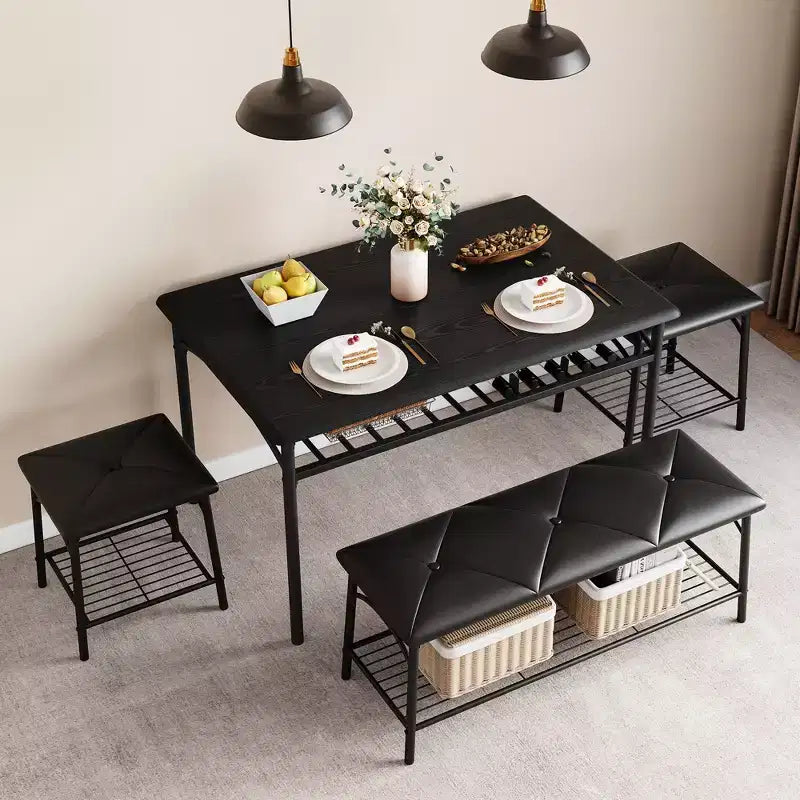 Ensemble Table et Chaises de Salle à Manger CuisinSmart pour 4, avec Banc Rembourré et 2 Tabourets Carrés, avec Étagères de Rangement, Ensemble de Meubles de Salle à Manger pour Petits Espaces