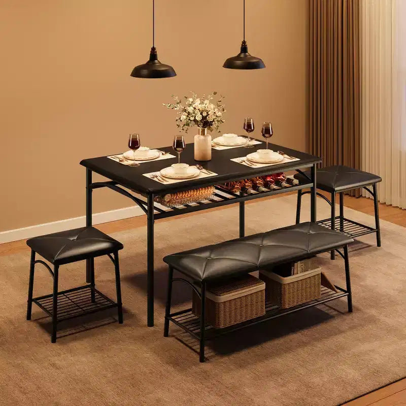 Ensemble Table et Chaises de Salle à Manger CuisinSmart pour 4, avec Banc Rembourré et 2 Tabourets Carrés, avec Étagères de Rangement, Ensemble de Meubles de Salle à Manger pour Petits Espaces