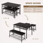 Ensemble Table et Chaises de Salle à Manger CuisinSmart pour 4, avec Banc Rembourré et 2 Tabourets Carrés, avec Étagères de Rangement, Ensemble de Meubles de Salle à Manger pour Petits Espaces