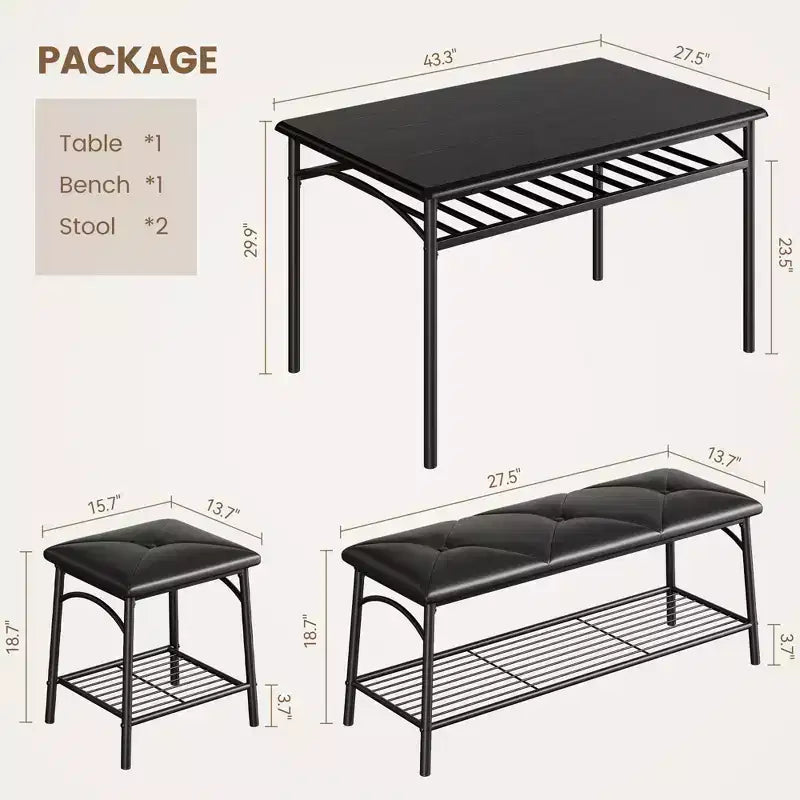 Ensemble Table et Chaises de Salle à Manger CuisinSmart pour 4, avec Banc Rembourré et 2 Tabourets Carrés, avec Étagères de Rangement, Ensemble de Meubles de Salle à Manger pour Petits Espaces