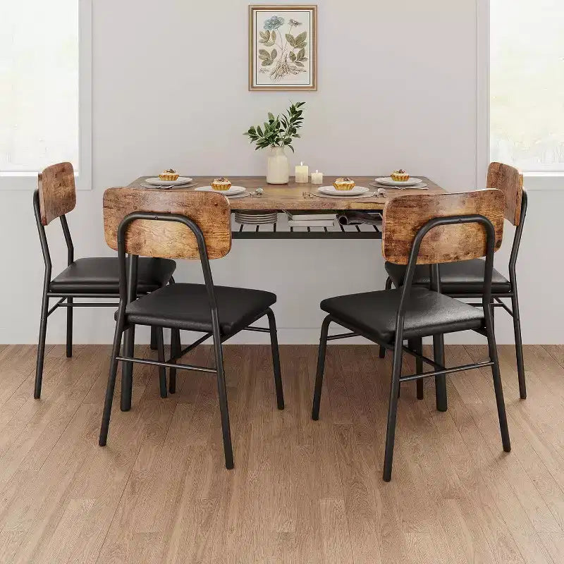 Ensemble de salle à manger 5 pièces pour 4 personnes, table de cuisine en bois avec étagère de rangement, 4 chaises rembourrées, ensemble de salle à manger pour petit espace, appartement
