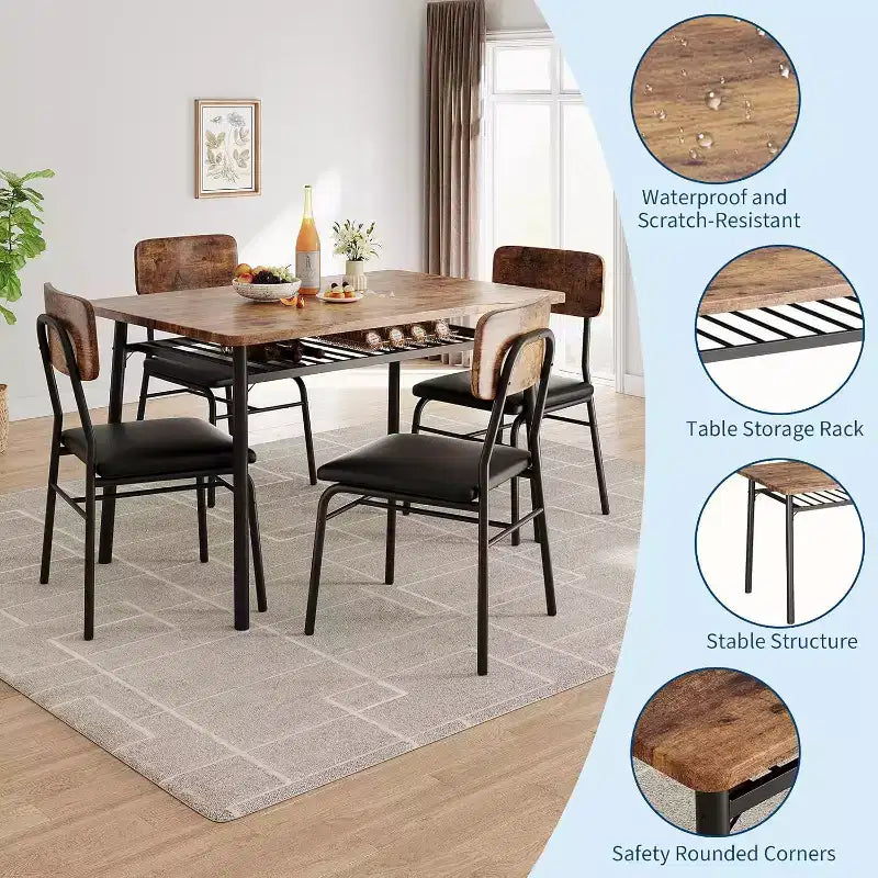 Ensemble de salle à manger 5 pièces pour 4 personnes, table de cuisine en bois avec étagère de rangement, 4 chaises rembourrées, ensemble de salle à manger pour petit espace, appartement