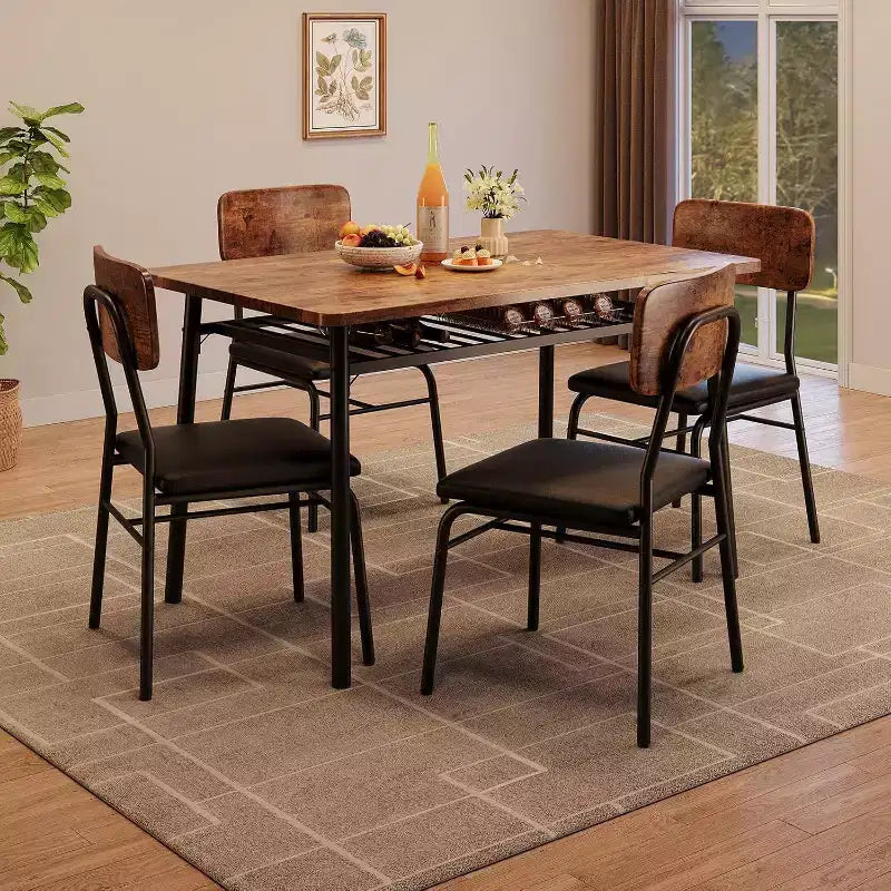 Ensemble de salle à manger 5 pièces pour 4 personnes, table de cuisine en bois avec étagère de rangement, 4 chaises rembourrées, ensemble de salle à manger pour petit espace, appartement