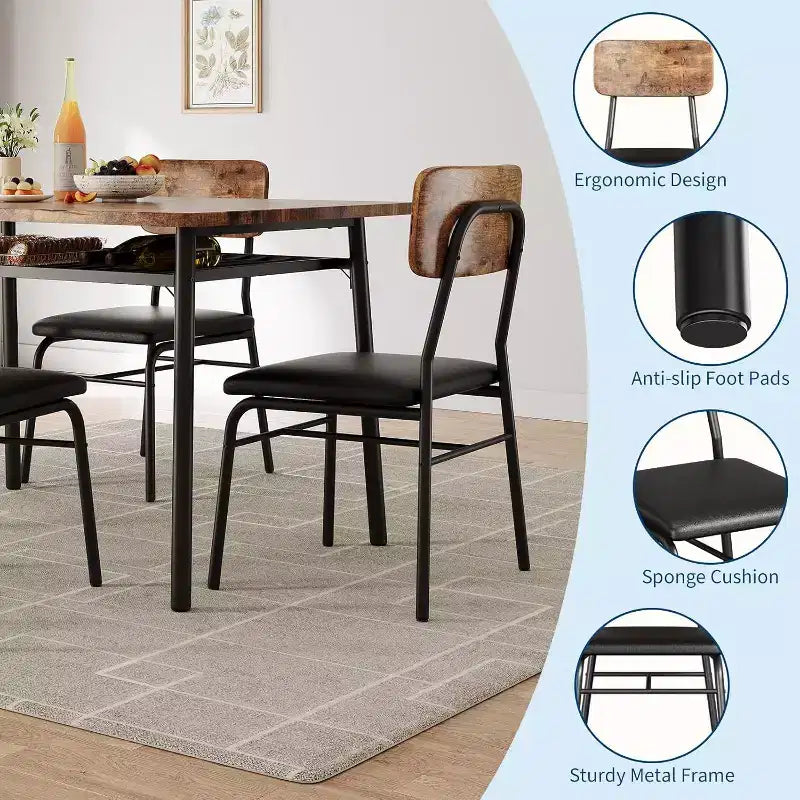 Ensemble de salle à manger 5 pièces pour 4 personnes, table de cuisine en bois avec étagère de rangement, 4 chaises rembourrées, ensemble de salle à manger pour petit espace, appartement