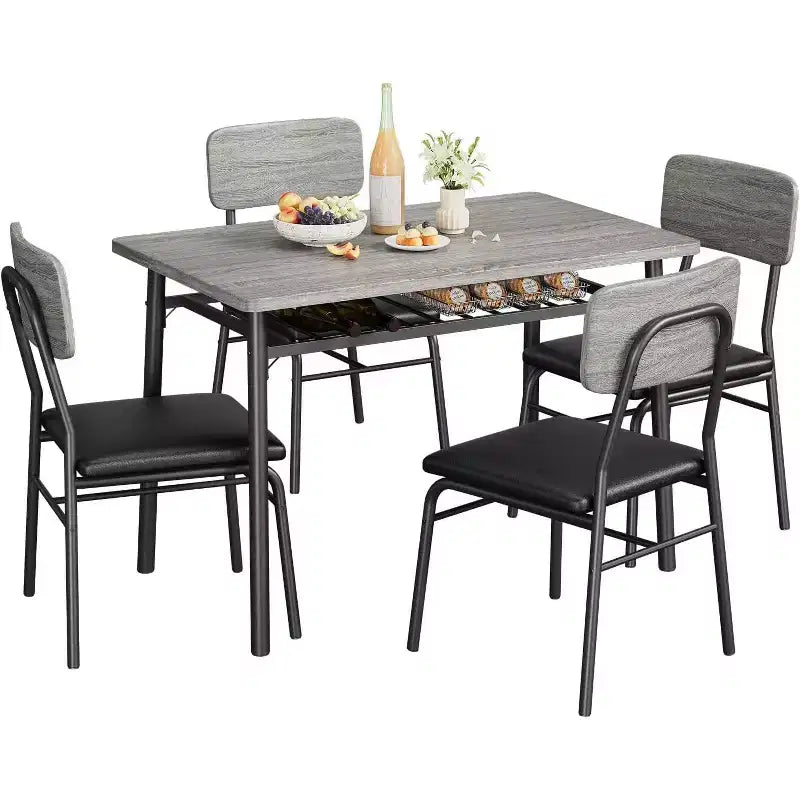 Ensemble de salle à manger 5 pièces pour 4 personnes, table de cuisine en bois avec étagère de rangement, 4 chaises rembourrées, ensemble de salle à manger pour petit espace, appartement