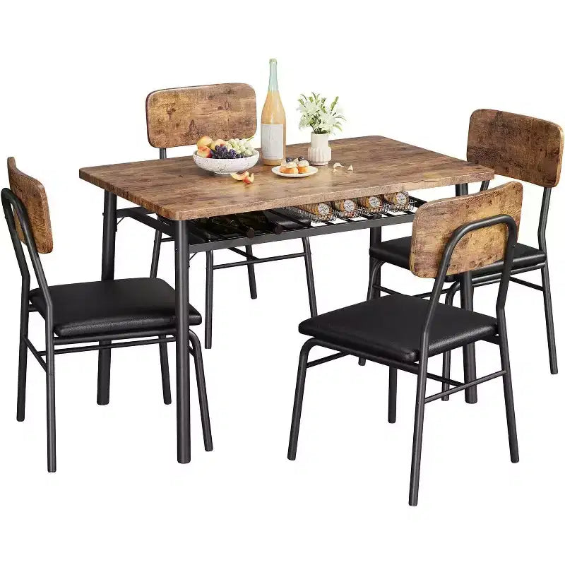 Ensemble de salle à manger 5 pièces pour 4 personnes, table de cuisine en bois avec étagère de rangement, 4 chaises rembourrées, ensemble de salle à manger pour petit espace, appartement