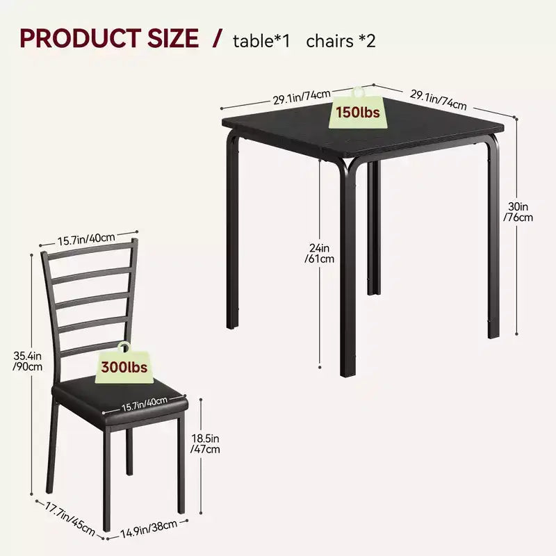 Table de salle à manger pour 2, Ensembles de table de cuisine carrée avec 2 chaises rembourrées, Table à manger moderne en bois peu encombrante, Meubles de salle à manger