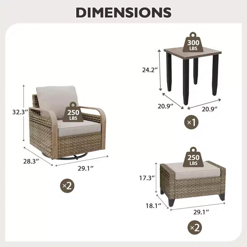 EAGLE PEAK Table et chaises de bistrot en osier, meubles de patio extérieur, fauteuils à bascule pivotants avec poufs et table, ensemble de 5 pièces