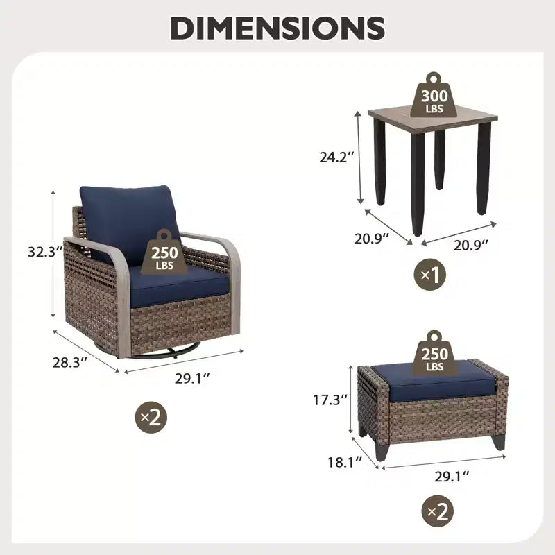 EAGLE PEAK Table et chaises de bistrot en osier, meubles de patio extérieur, fauteuils à bascule pivotants avec poufs et table, ensemble de 5 pièces