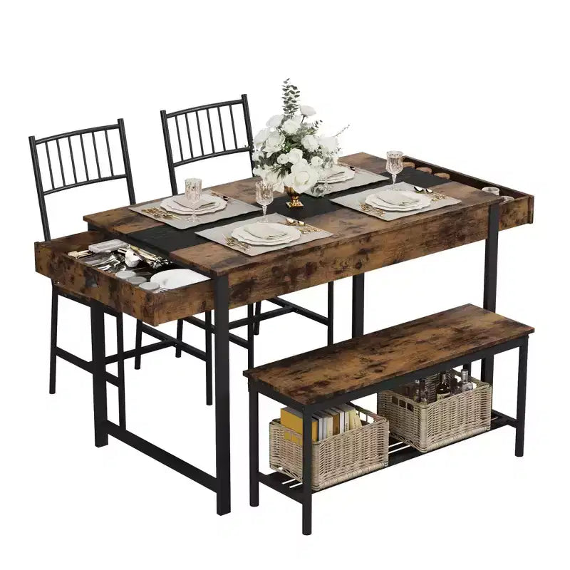 Ensemble table à manger pour 4, petite table de cuisine et 2 chaises pour 4 avec banc, ensemble table de ferme rectangulaire