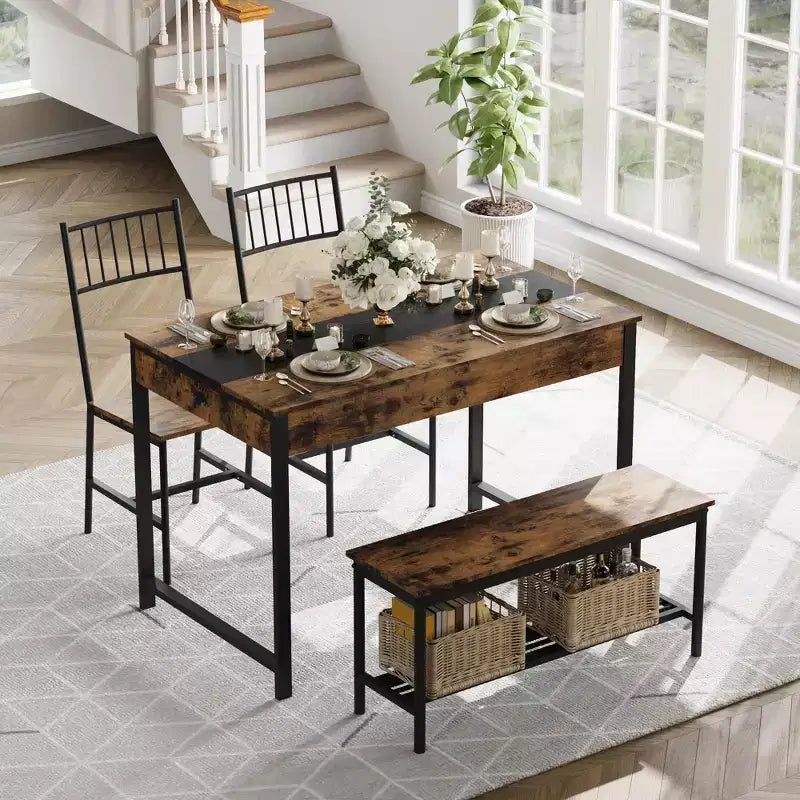 Ensemble table à manger pour 4, petite table de cuisine et 2 chaises pour 4 avec banc, ensemble table de ferme rectangulaire