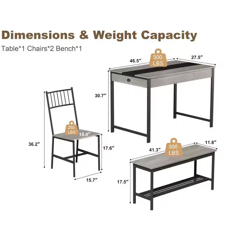 Ensemble table à manger pour 4, petite table de cuisine et 2 chaises pour 4 avec banc, ensemble table de ferme rectangulaire