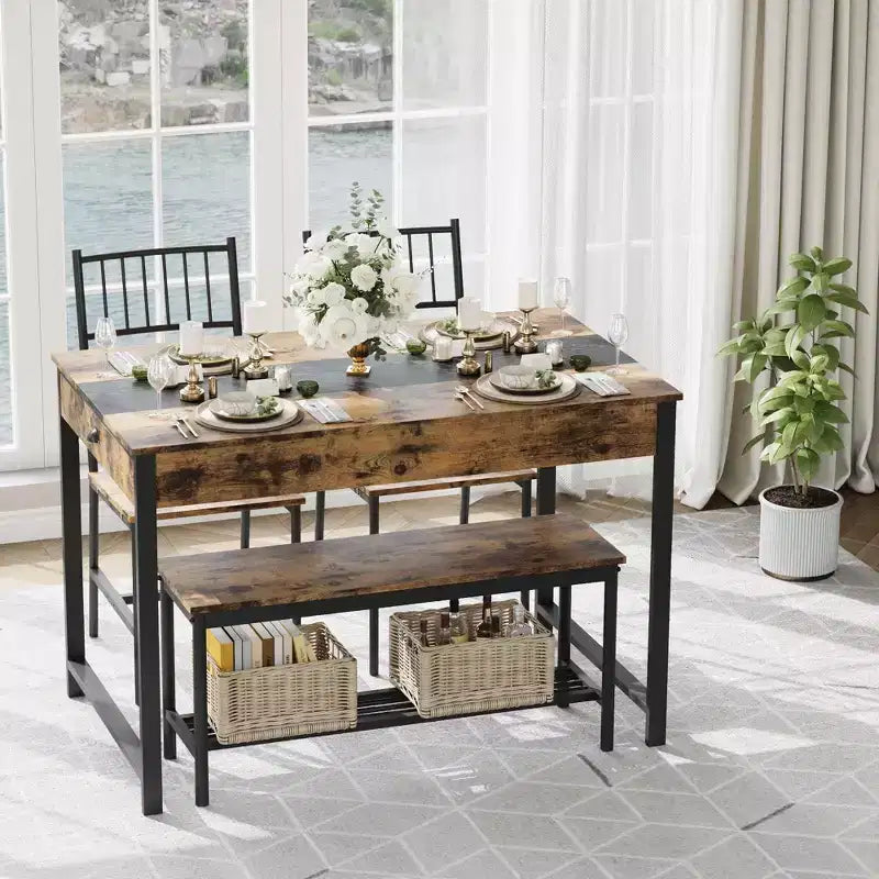 Dining Table Set for 4, Small Kitchen Table and 2 Chairs for 4 with Bench, Rectangular Farmhouse Table Set