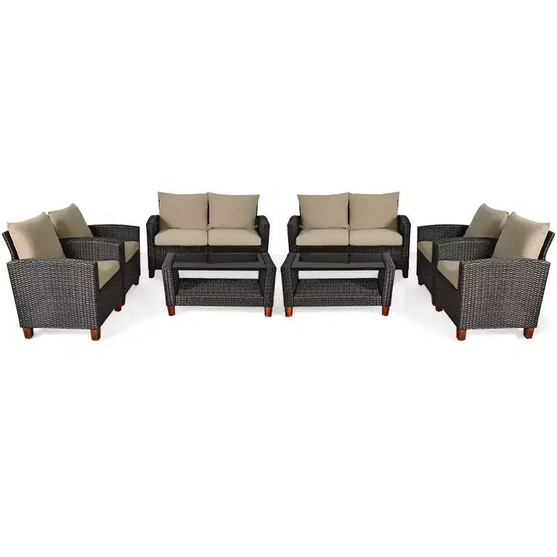 Costway 8PCS Patio Rattan Furniture Set Solid Wood Leg Cushioned Sofa Garden Lawn