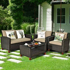 Costway Ensemble de meubles de jardin en rotin 8 pièces, pieds en bois massif, canapé rembourré, pour jardin et pelouse