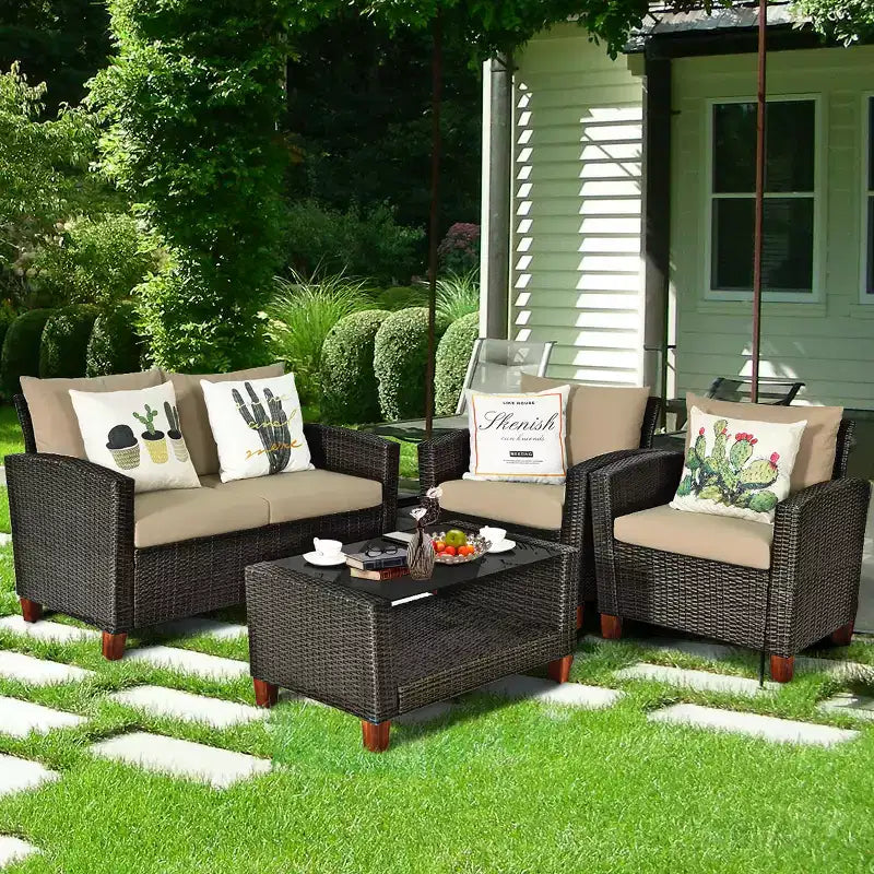 Costway Ensemble de meubles de jardin en rotin 8 pièces, pieds en bois massif, canapé rembourré, pour jardin et pelouse