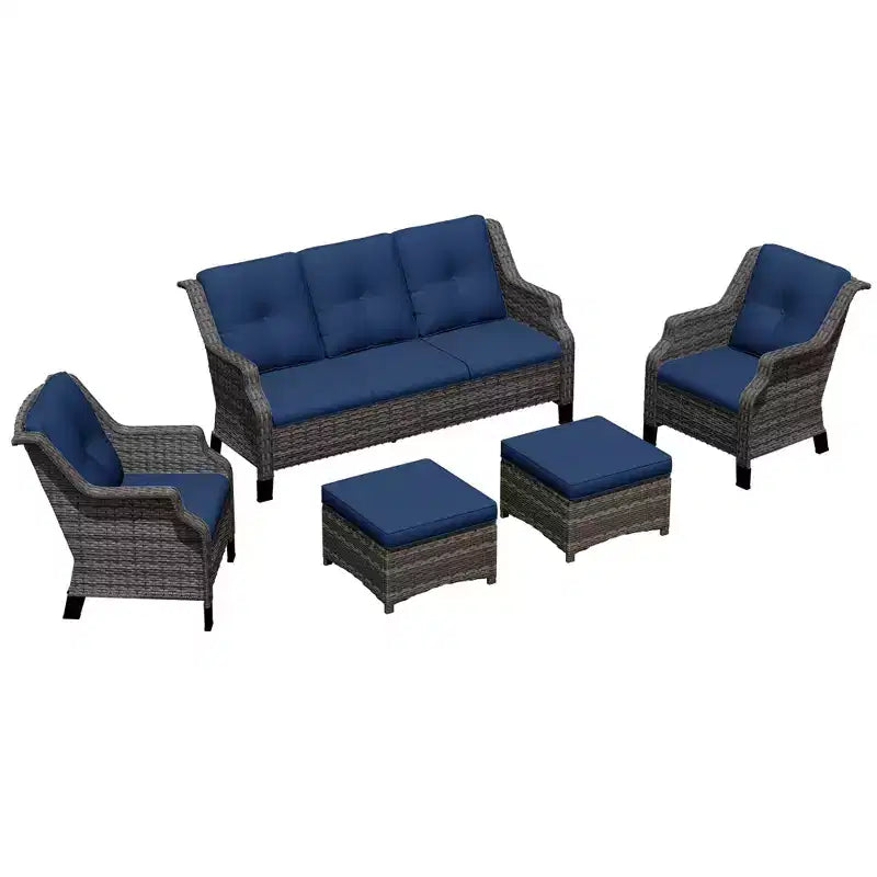 Ensemble de meubles de patio Bestier, ensemble de conversation en osier 5 pièces avec coussin épais et poufs, chaises de canapé en rotin d'extérieur pour arrière-cour, jardin, porche
