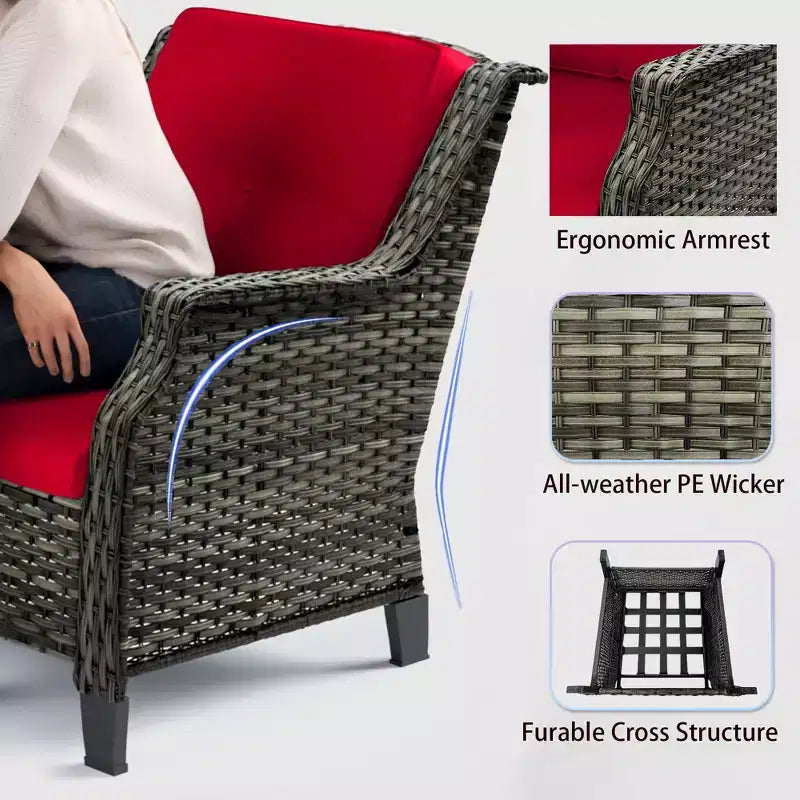 Ensemble de meubles de patio Bestier, ensemble de conversation en osier 5 pièces avec coussin épais et poufs, chaises de canapé en rotin d'extérieur pour arrière-cour, jardin, porche