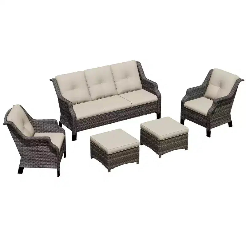 Ensemble de meubles de patio Bestier, ensemble de conversation en osier 5 pièces avec coussin épais et poufs, chaises de canapé en rotin d'extérieur pour arrière-cour, jardin, porche