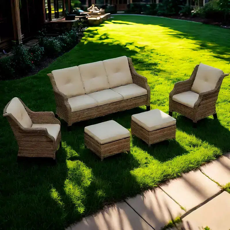Ensemble de meubles de patio Bestier, ensemble de conversation en osier 5 pièces avec coussin épais et poufs, chaises de canapé en rotin d'extérieur pour arrière-cour, jardin, porche