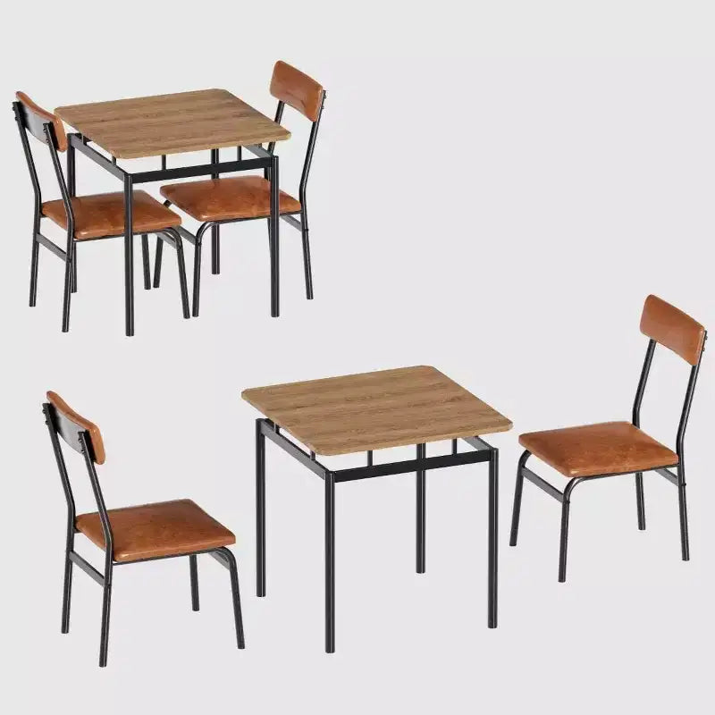 Ensemble de salle à manger industriel 3 pièces marron pour 2 avec chaises rembourrées en similicuir, table de cuisine à cadre métallique peu encombrante pour petits espaces