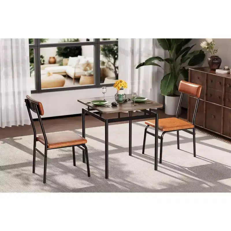 Ensemble de salle à manger industriel 3 pièces marron pour 2 avec chaises rembourrées en similicuir, table de cuisine à cadre métallique peu encombrante pour petits espaces