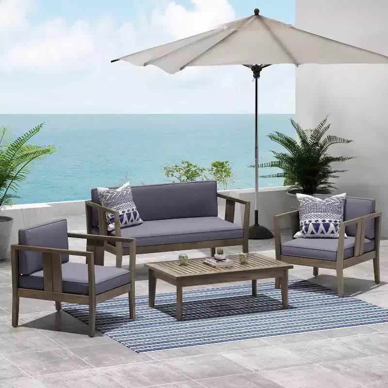 Christopher Knight Home Ted – Ensemble de conversation extérieur 4 pièces en bois d'acacia avec coussins et table basse à lattes