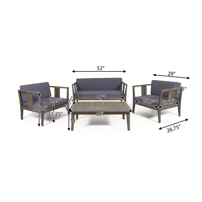 Christopher Knight Home Ted – Ensemble de conversation extérieur 4 pièces en bois d'acacia avec coussins et table basse à lattes