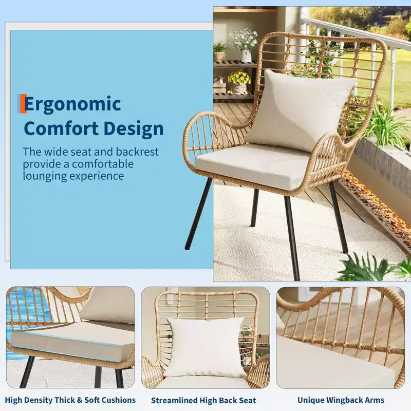 Lot de 2 chaises de patio en osier tout temps, chaises de salle à manger d'extérieur en rotin avec coussins épais et dossier haut pour porche, balcon, jardin, marron