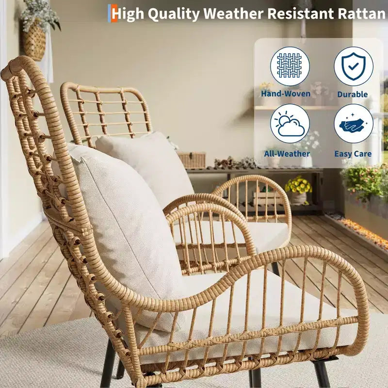 Lot de 2 chaises de patio en osier tout temps, chaises de salle à manger d'extérieur en rotin avec coussins épais et dossier haut pour porche, balcon, jardin, marron