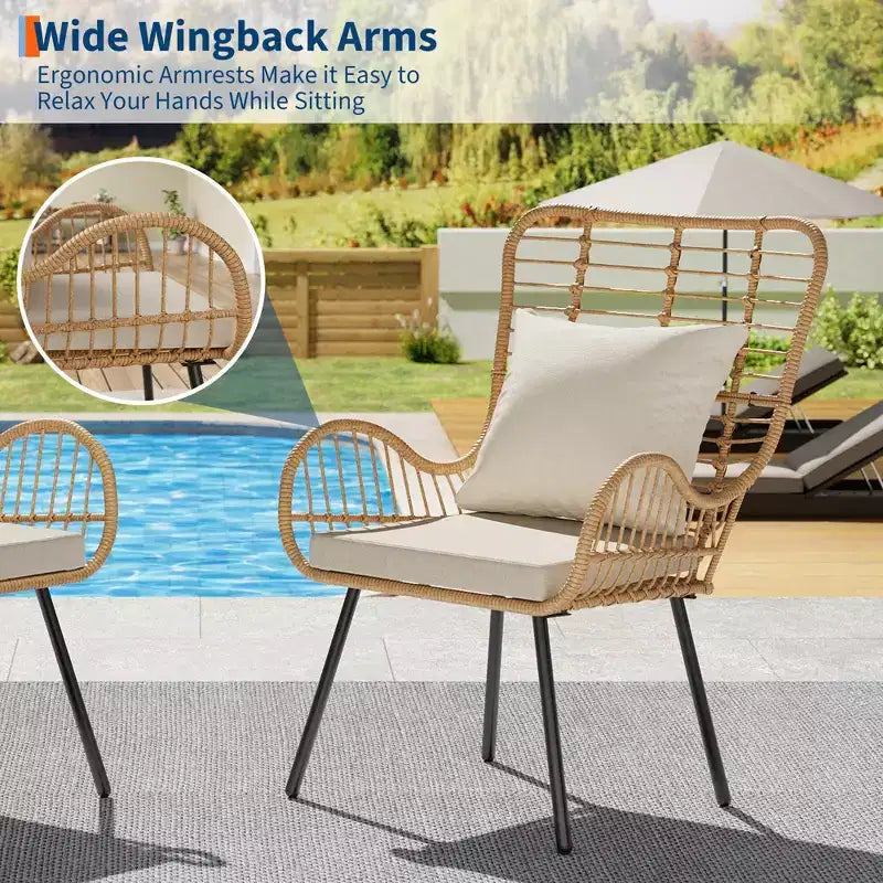 Lot de 2 chaises de patio en osier tout temps, chaises de salle à manger d'extérieur en rotin avec coussins épais et dossier haut pour porche, balcon, jardin, marron