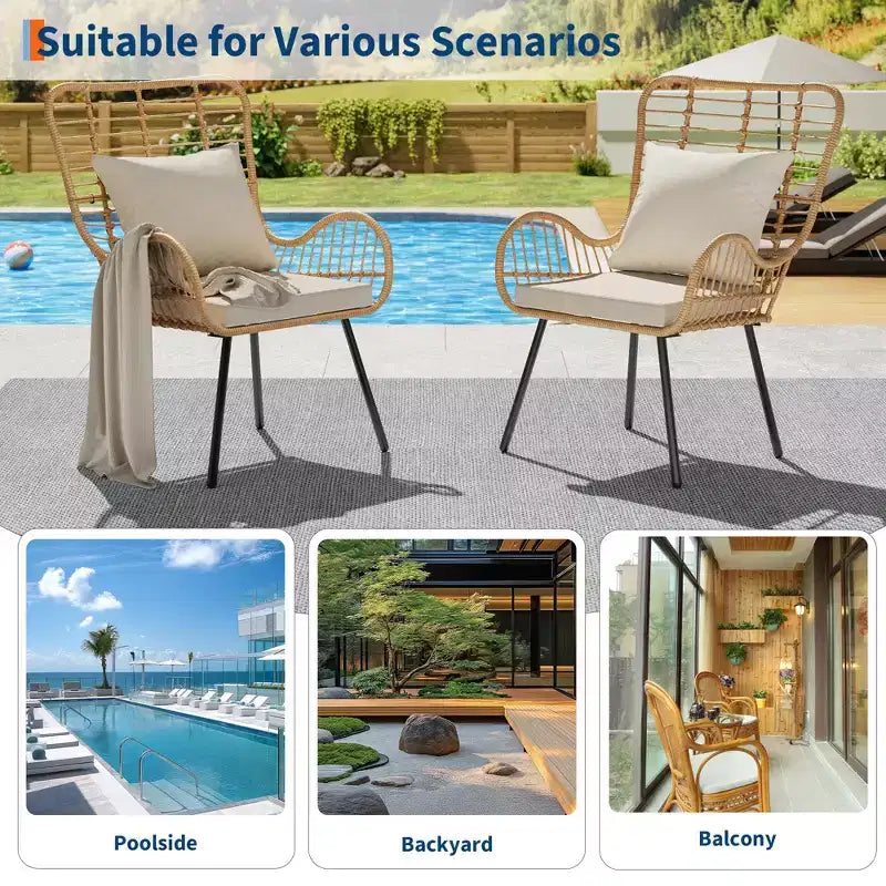 Lot de 2 chaises de patio en osier tout temps, chaises de salle à manger d'extérieur en rotin avec coussins épais et dossier haut pour porche, balcon, jardin, marron
