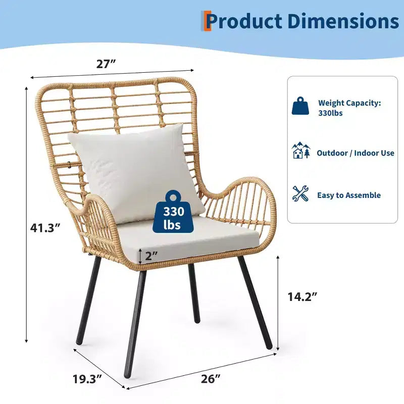 Lot de 2 chaises de patio en osier tout temps, chaises de salle à manger d'extérieur en rotin avec coussins épais et dossier haut pour porche, balcon, jardin, marron
