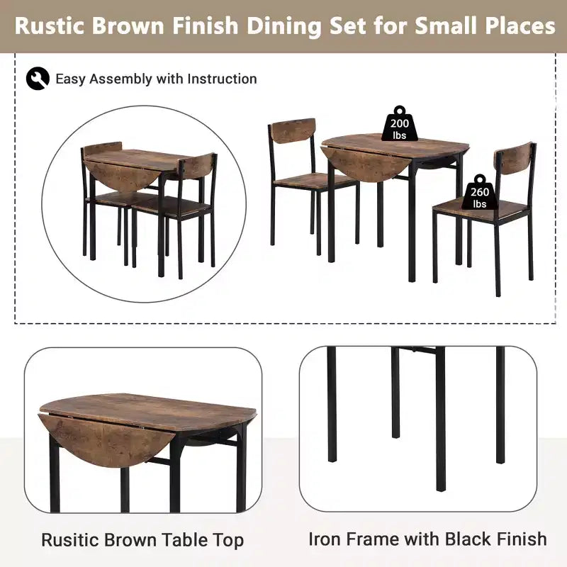 Ensemble de salle à manger rond 3 pièces Whisen avec abattant et 2 chaises - Noir et marron
