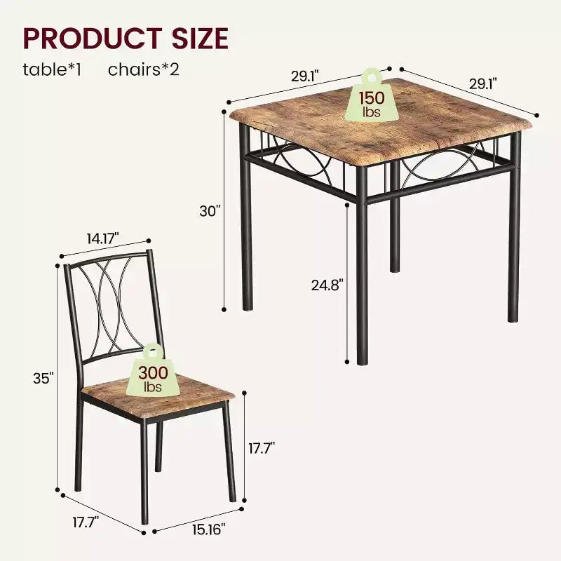 Ensemble de table à manger carrée Acekool pour 2, table de cuisine 3 pièces peu encombrante et chaises rembourrées, petit appartement