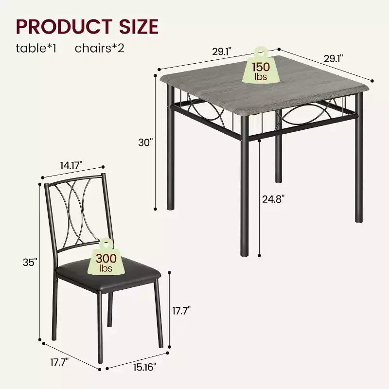 Ensemble de table à manger carrée Acekool pour 2, table de cuisine 3 pièces peu encombrante et chaises rembourrées, petit appartement