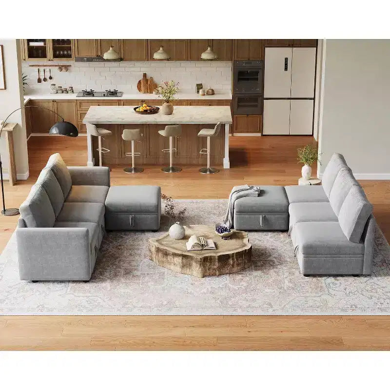 Canapé d'angle 6 places Acekool – Ottomane de rangement, tissu chenille, gris