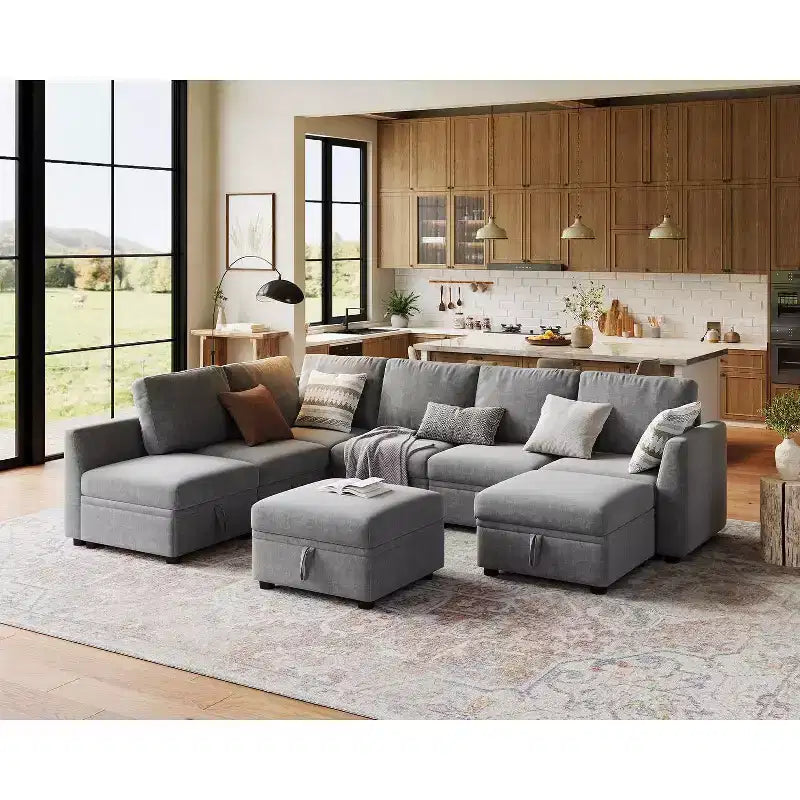 Canapé d'angle 6 places Acekool – Ottomane de rangement, tissu chenille, gris